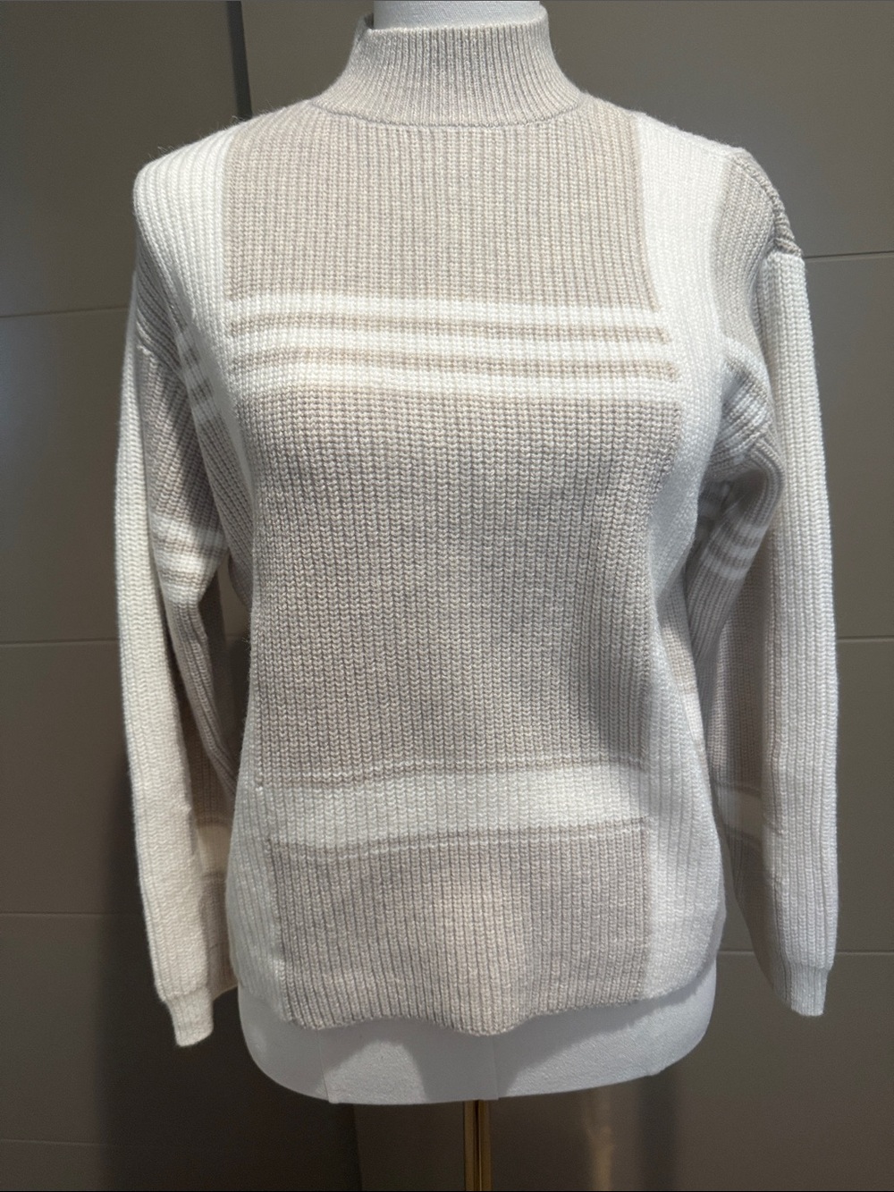 Ann Taylor Cream and Taupe Ribbed Mock Neck Sweater